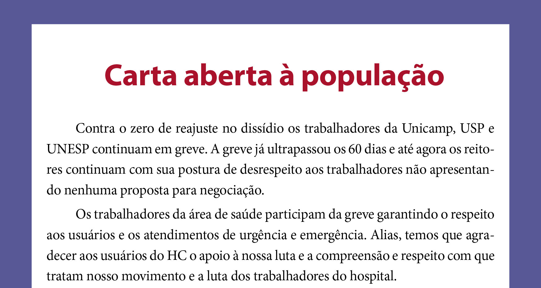 Carta Aberta à População - STU - Sindicato Dos Trabalhadores Da UNICAMP